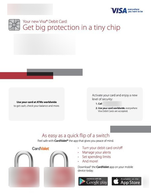 Debit card carrier promoting the bank's card-control app, client identity blurred