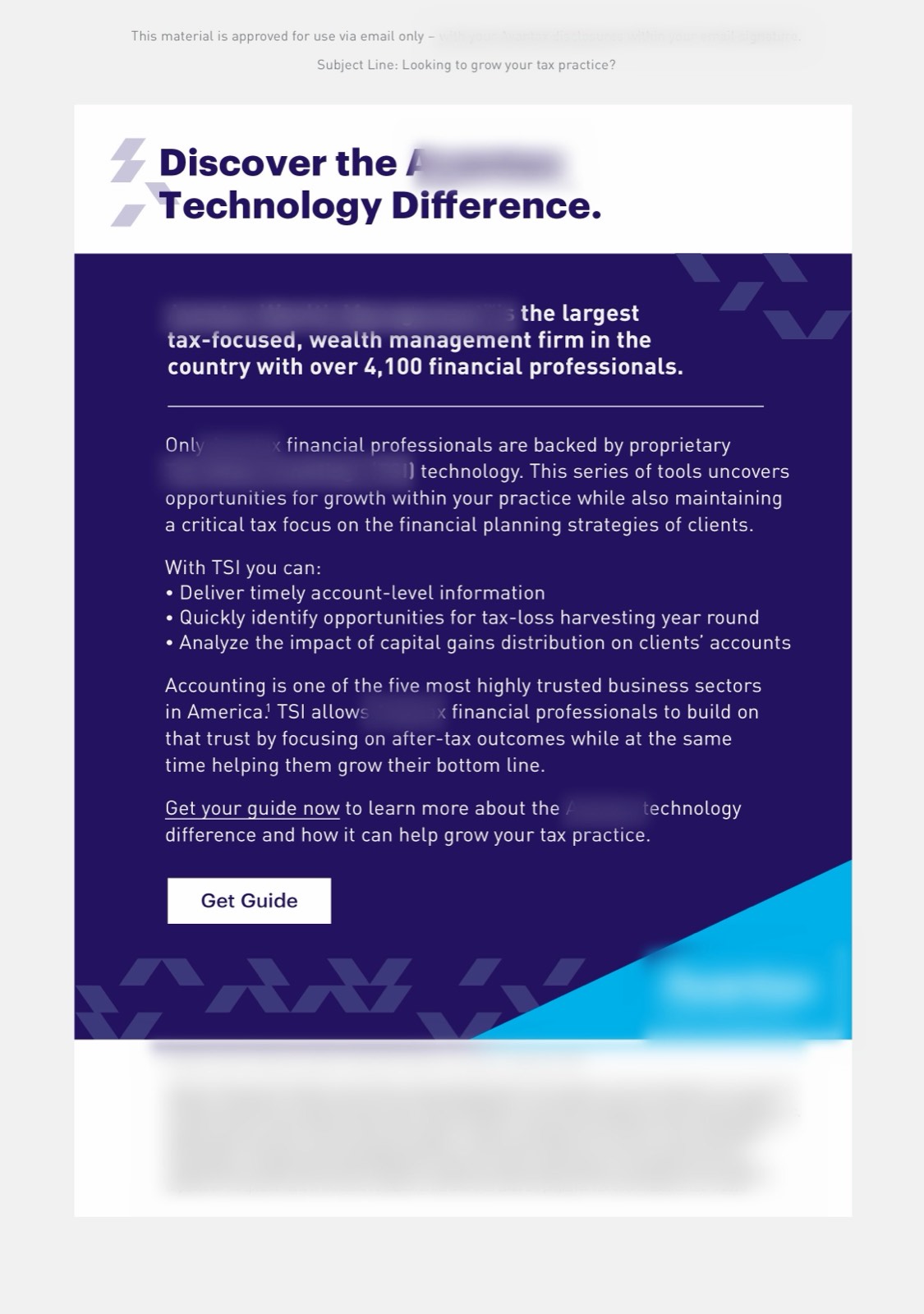 Advisor acquisition email, client identity blurred