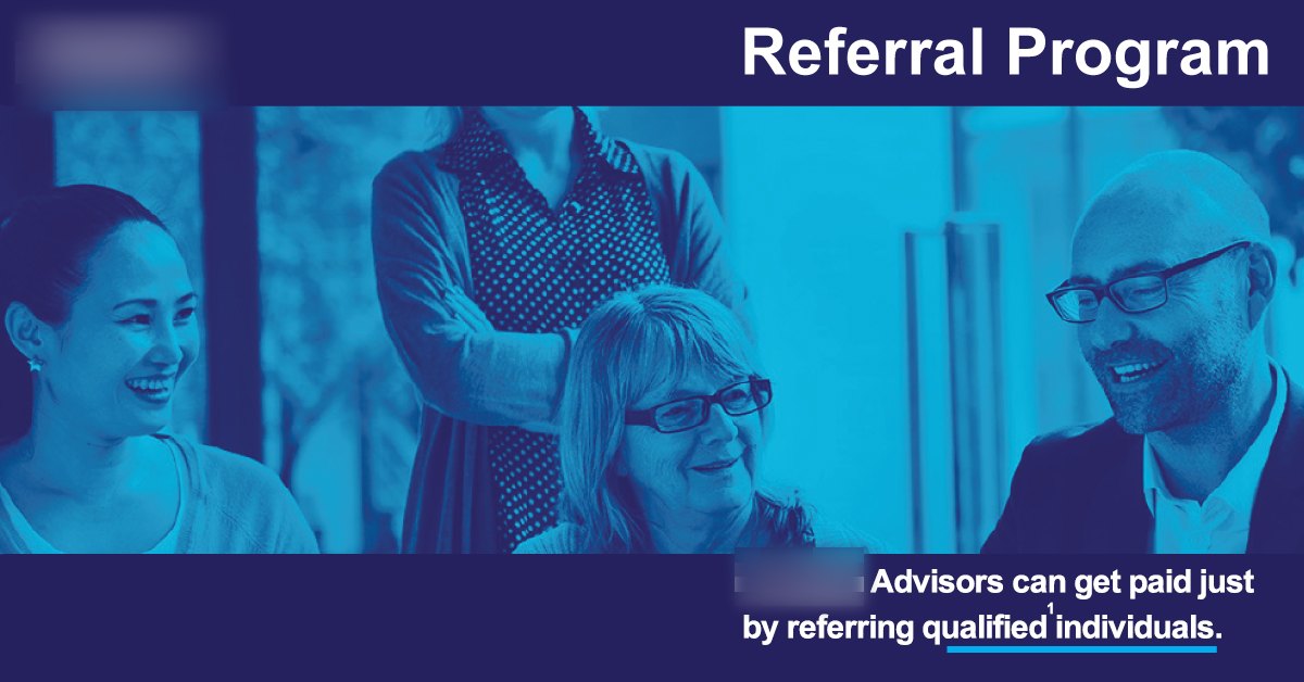 Advisor referral paid-social ad running in the Facebook feed, client identity blurred